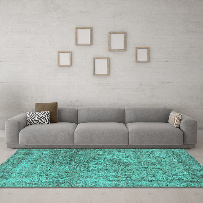 Machine Washable Oriental Turquoise Industrial Area Rugs in a Living Room,, wshurb1931turq