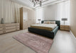 Mid-Century Modern Khaki Rose Pink Oriental Rug in a Bedroom, urb1931