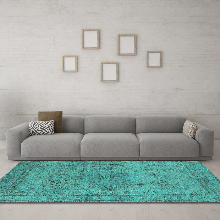 Machine Washable Oriental Turquoise Industrial Area Rugs in a Living Room,, wshurb1934turq