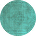 Round Machine Washable Oriental Turquoise Industrial Area Rugs, wshurb1939turq