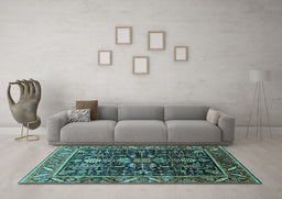 Machine Washable Oriental Turquoise Industrial Area Rugs in a Living Room,, wshurb1945turq