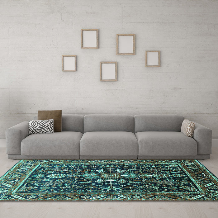 Machine Washable Oriental Turquoise Industrial Area Rugs in a Living Room,, wshurb1945turq