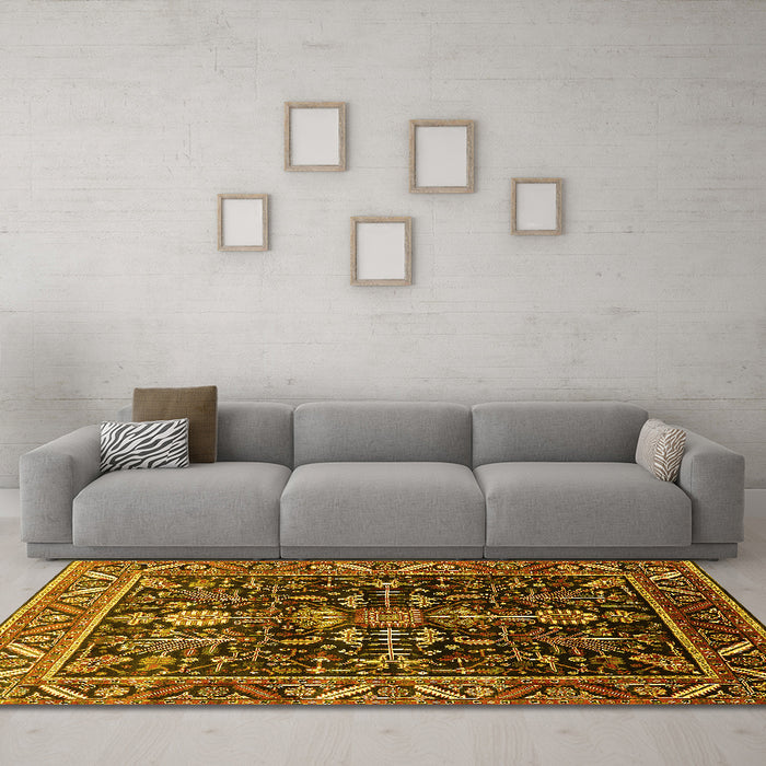 Machine Washable Oriental Yellow Industrial Rug in a Living Room, wshurb1945yw