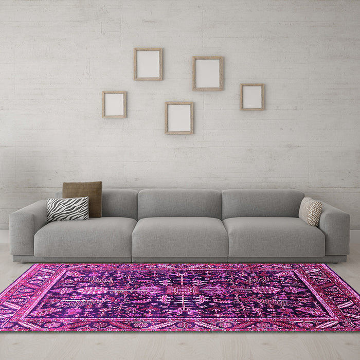 Machine Washable Oriental Pink Industrial Rug in a Living Room, wshurb1945pnk