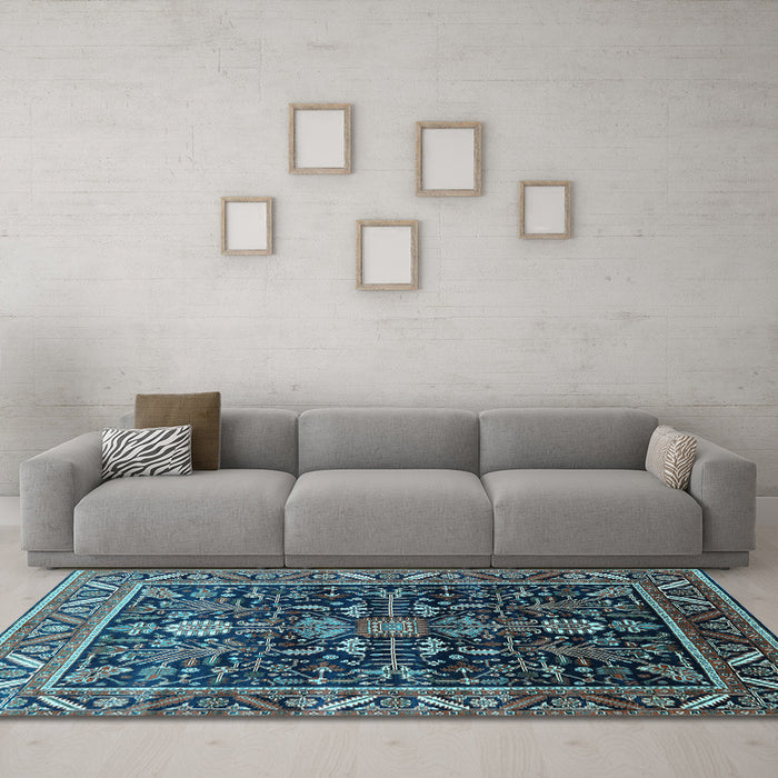 Machine Washable Oriental Light Blue Industrial Rug in a Living Room, wshurb1945lblu