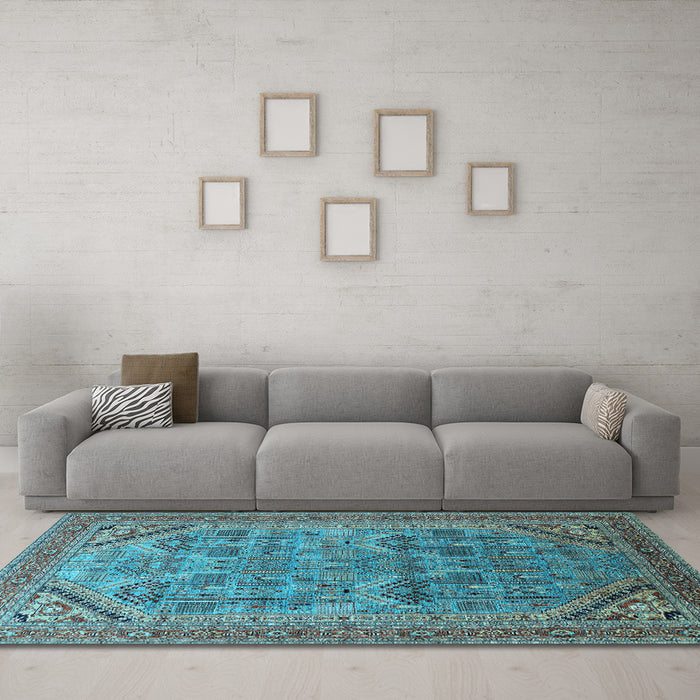 Machine Washable Oriental Light Blue Industrial Rug in a Living Room, wshurb1946lblu
