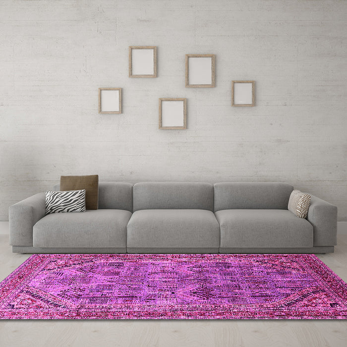Machine Washable Oriental Pink Industrial Rug in a Living Room, wshurb1946pnk