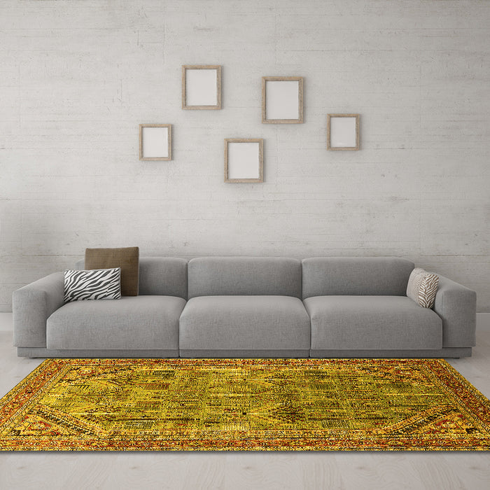 Machine Washable Oriental Yellow Industrial Rug in a Living Room, wshurb1946yw