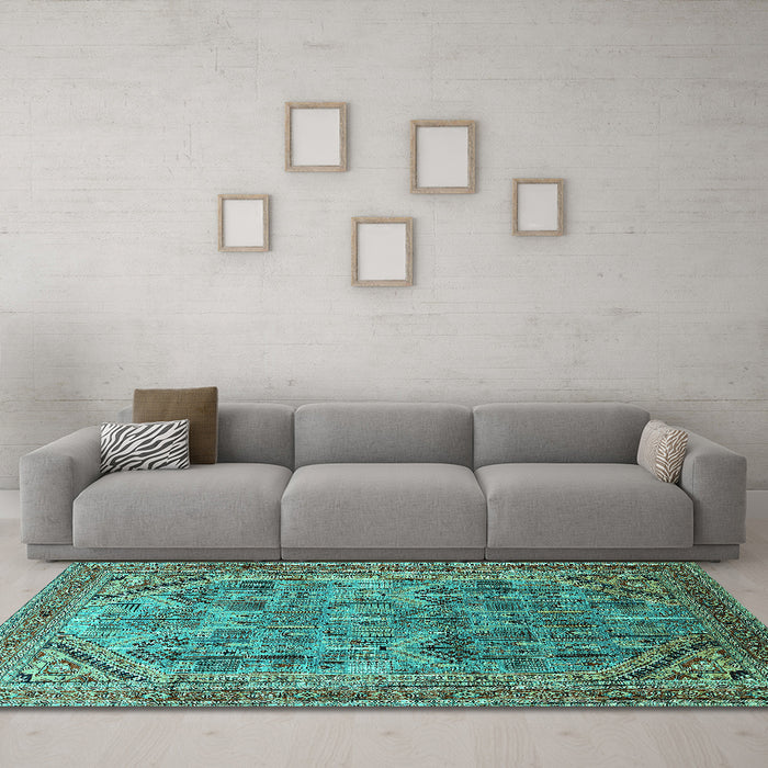 Machine Washable Oriental Turquoise Industrial Area Rugs in a Living Room,, wshurb1946turq