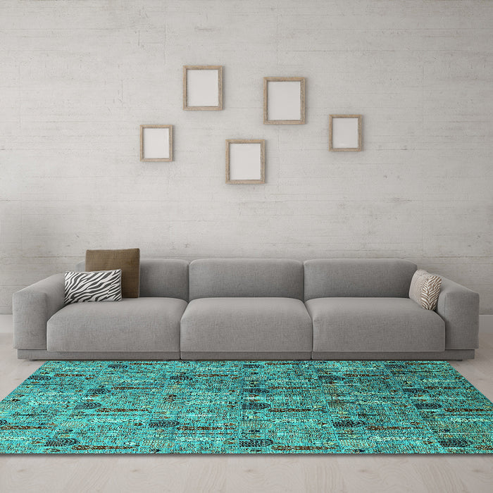 Machine Washable Oriental Turquoise Industrial Area Rugs in a Living Room,, wshurb1947turq