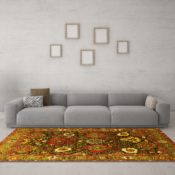 Machine Washable Oriental Yellow Industrial Rug in a Living Room, wshurb1948yw