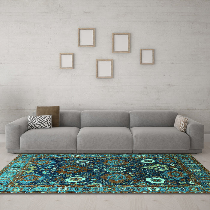 Machine Washable Oriental Turquoise Industrial Area Rugs in a Living Room,, wshurb1948turq