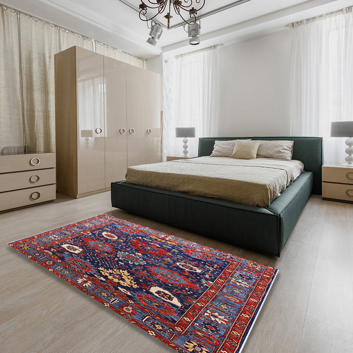 Mid-Century Modern Burgundy Red Oriental Rug in a Bedroom, urb1948