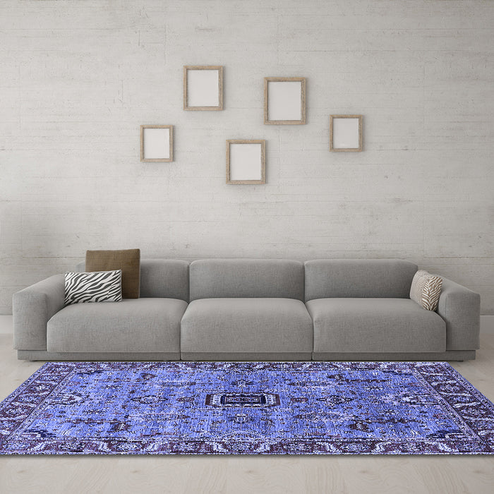 Machine Washable Oriental Blue Industrial Rug in a Living Room, wshurb1949blu