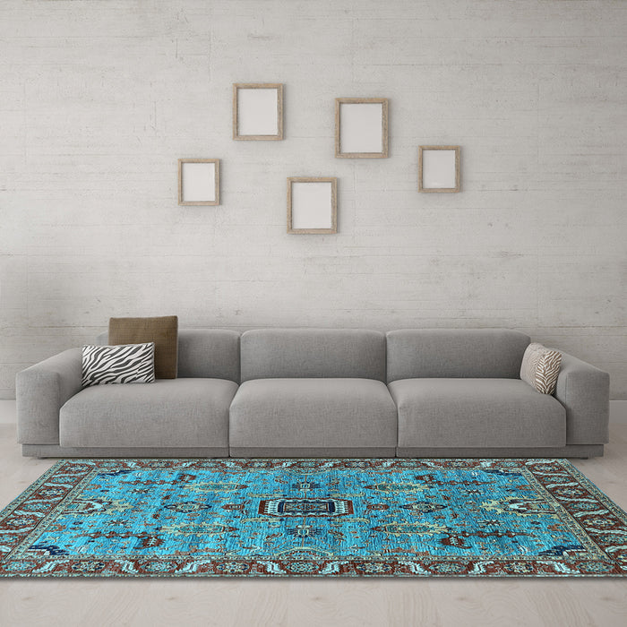 Machine Washable Oriental Light Blue Industrial Rug in a Living Room, wshurb1949lblu