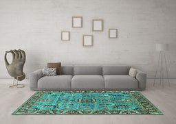 Machine Washable Oriental Turquoise Industrial Area Rugs in a Living Room,, wshurb1949turq