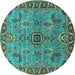 Round Machine Washable Oriental Turquoise Industrial Area Rugs, wshurb1949turq