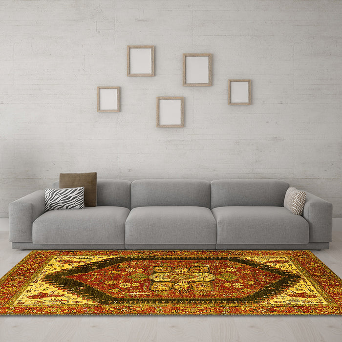 Machine Washable Oriental Yellow Industrial Rug in a Living Room, wshurb1950yw