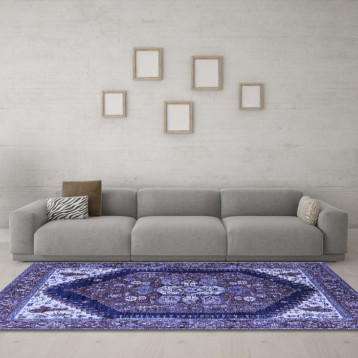 Machine Washable Oriental Blue Industrial Rug in a Living Room, wshurb1950blu