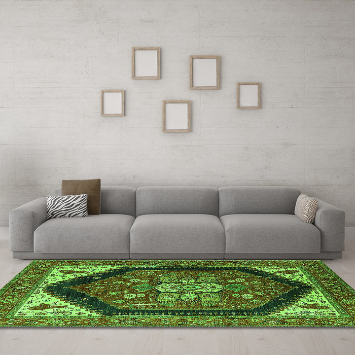 Machine Washable Oriental Green Industrial Area Rugs in a Living Room,, wshurb1950grn