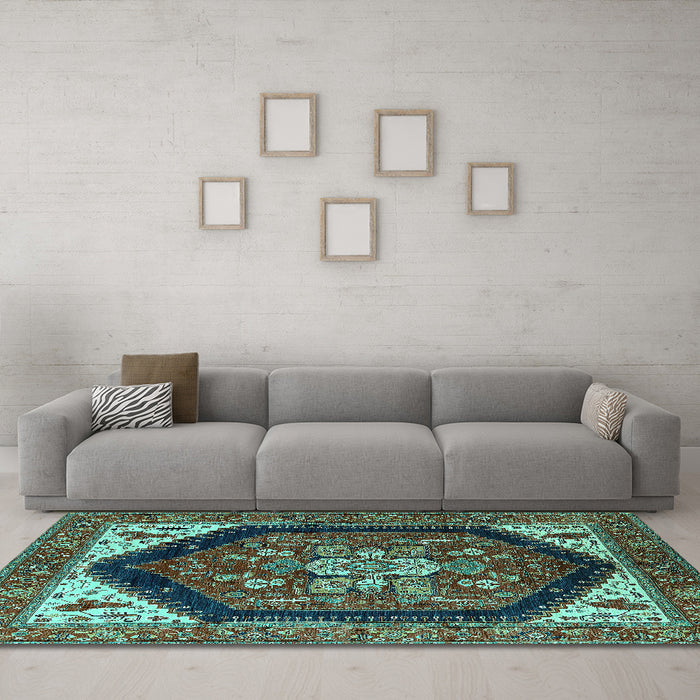 Machine Washable Oriental Turquoise Industrial Area Rugs in a Living Room,, wshurb1950turq