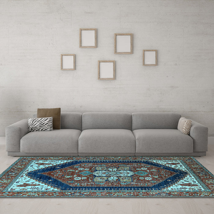 Machine Washable Oriental Light Blue Industrial Rug in a Living Room, wshurb1950lblu