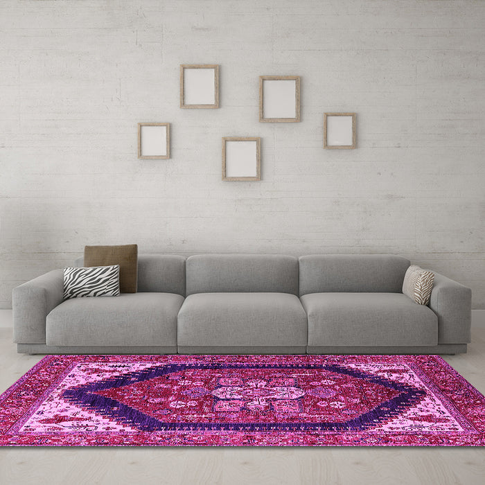 Machine Washable Oriental Pink Industrial Rug in a Living Room, wshurb1950pnk