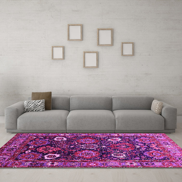 Machine Washable Oriental Pink Industrial Rug in a Living Room, wshurb1951pnk