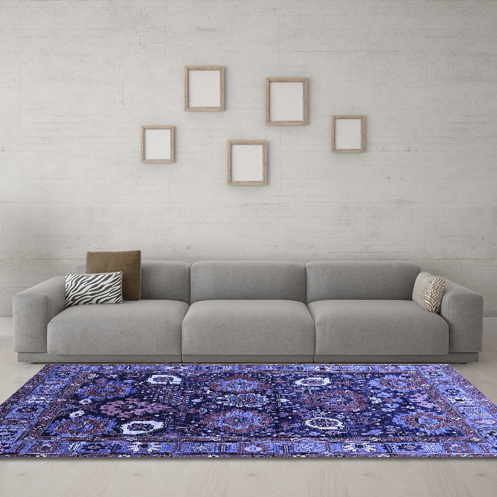 Machine Washable Oriental Blue Industrial Rug in a Living Room, wshurb1951blu