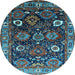 Round Machine Washable Oriental Light Blue Industrial Rug, wshurb1951lblu