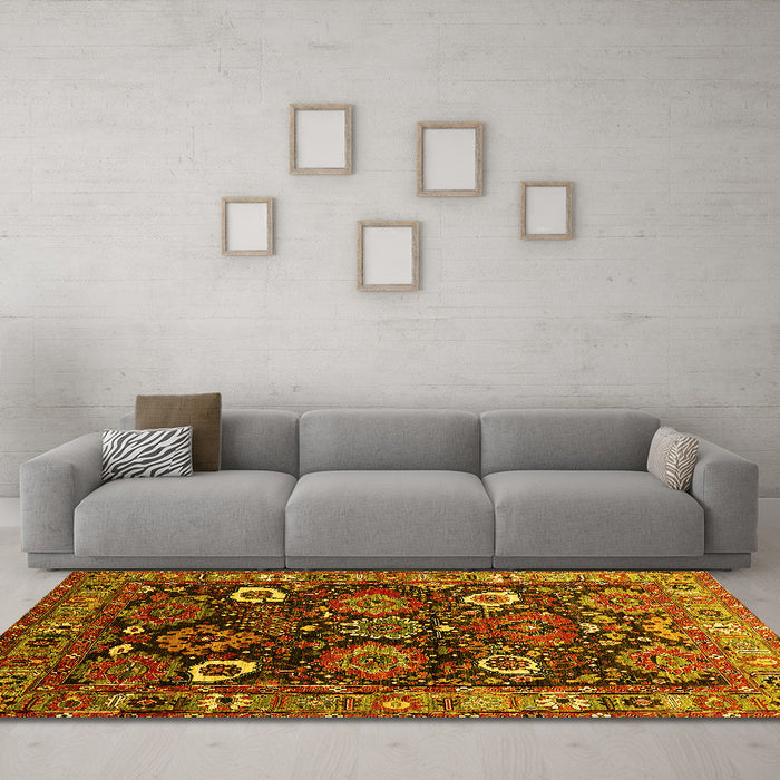 Machine Washable Oriental Yellow Industrial Rug in a Living Room, wshurb1951yw