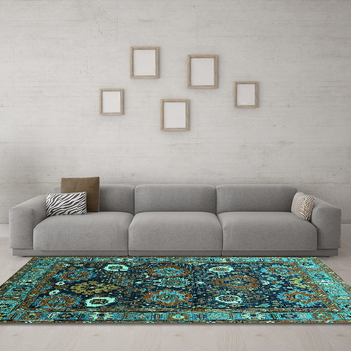 Machine Washable Oriental Turquoise Industrial Area Rugs in a Living Room,, wshurb1951turq