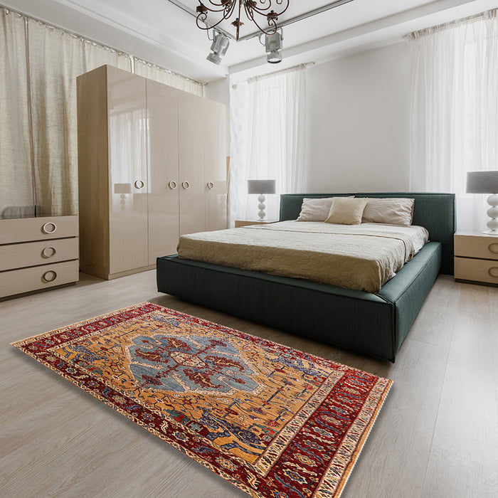 Mid-Century Modern Light Copper Gold Oriental Rug in a Bedroom, urb1952