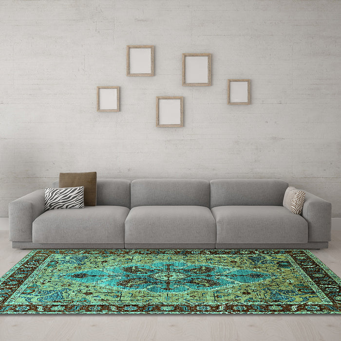 Machine Washable Oriental Turquoise Industrial Area Rugs in a Living Room,, wshurb1952turq