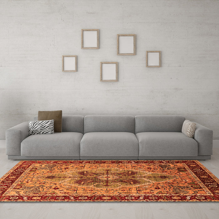 Machine Washable Oriental Orange Industrial Area Rugs in a Living Room, wshurb1952org