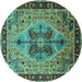 Round Machine Washable Oriental Turquoise Industrial Area Rugs, wshurb1952turq