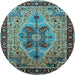 Round Machine Washable Oriental Light Blue Industrial Rug, wshurb1952lblu