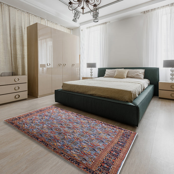 Mid-Century Modern Dark Gray Oriental Rug in a Bedroom, urb1953