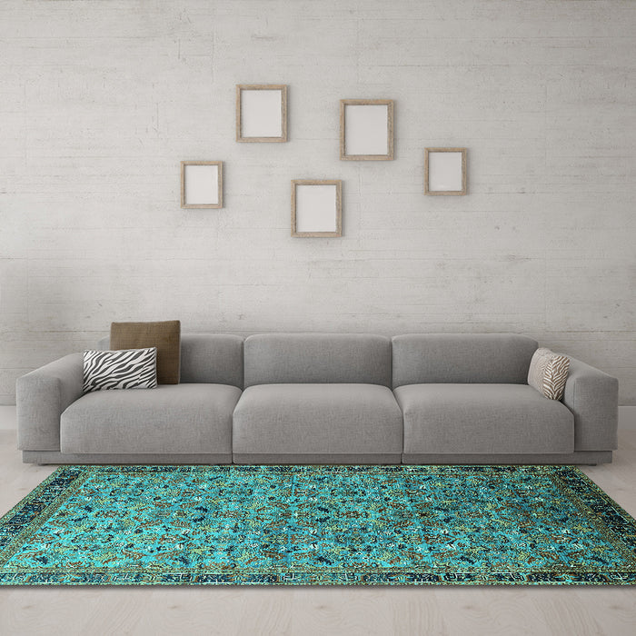 Machine Washable Oriental Turquoise Industrial Area Rugs in a Living Room,, wshurb1953turq