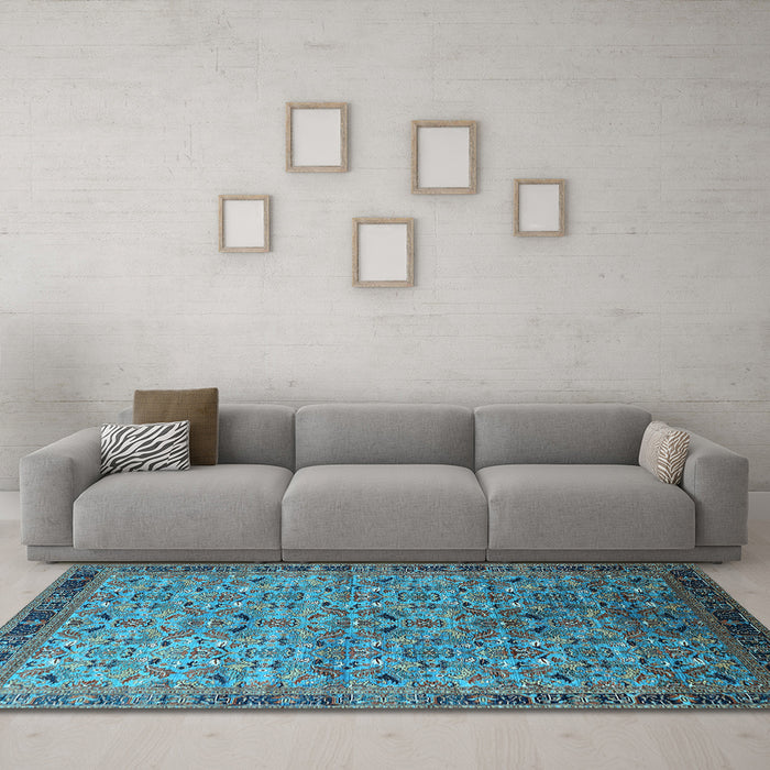 Machine Washable Oriental Light Blue Industrial Rug in a Living Room, wshurb1953lblu