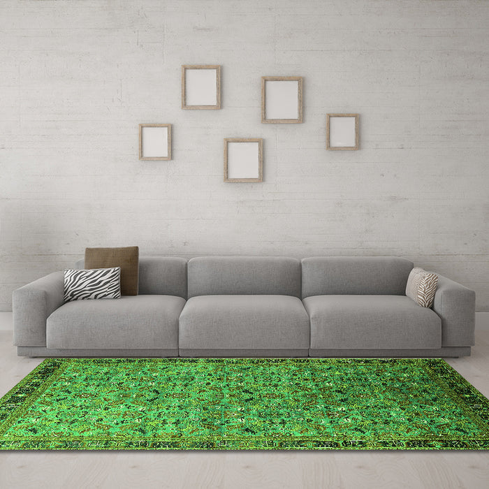 Machine Washable Oriental Green Industrial Area Rugs in a Living Room,, wshurb1953grn