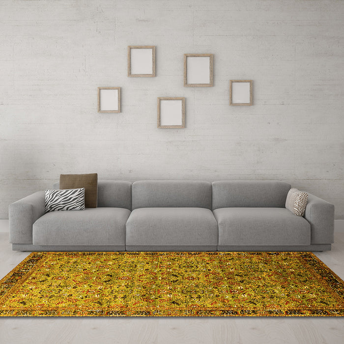 Machine Washable Oriental Yellow Industrial Rug in a Living Room, wshurb1953yw