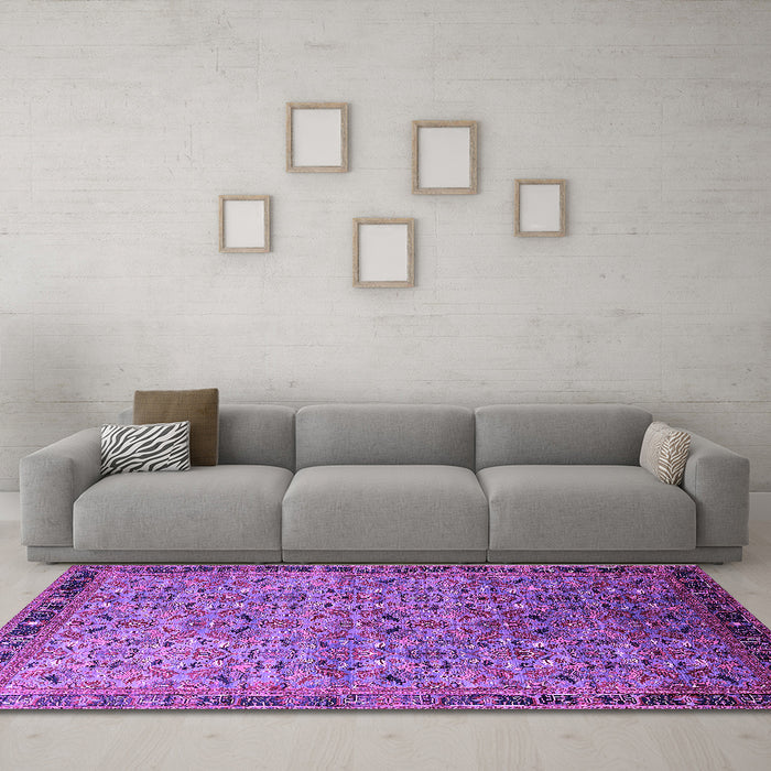 Machine Washable Oriental Purple Industrial Area Rugs in a Living Room, wshurb1953pur
