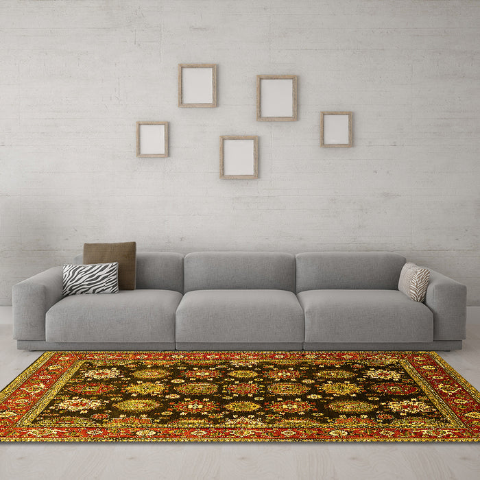 Machine Washable Oriental Yellow Industrial Rug in a Living Room, wshurb1954yw