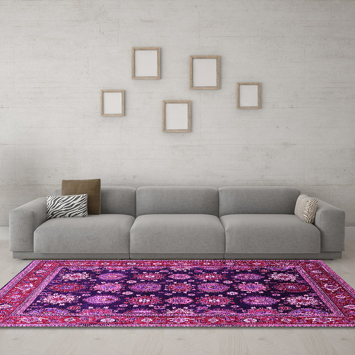 Machine Washable Oriental Pink Industrial Rug in a Living Room, wshurb1954pnk