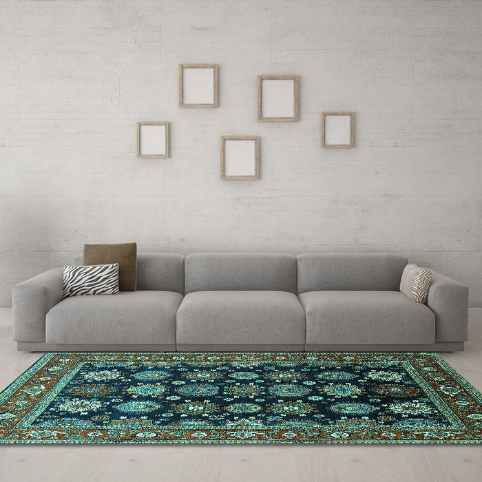 Machine Washable Oriental Turquoise Industrial Area Rugs in a Living Room,, wshurb1954turq