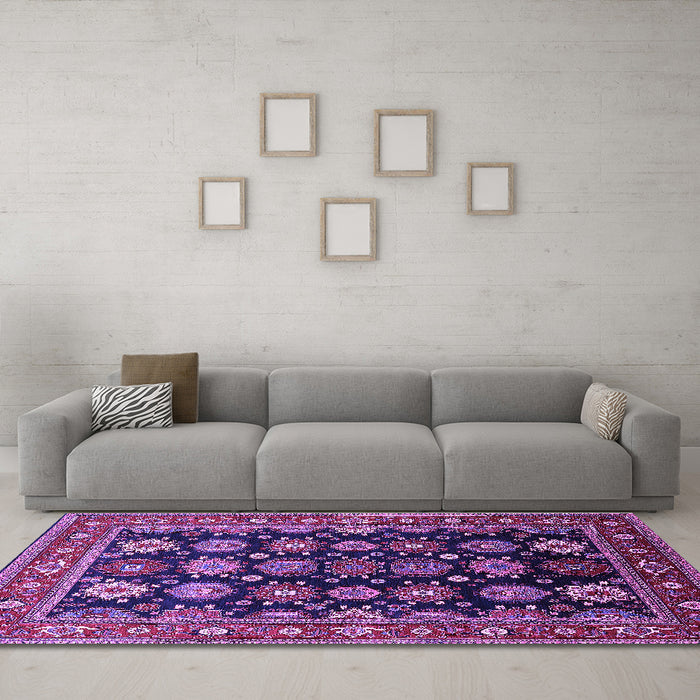 Machine Washable Oriental Purple Industrial Area Rugs in a Living Room, wshurb1954pur