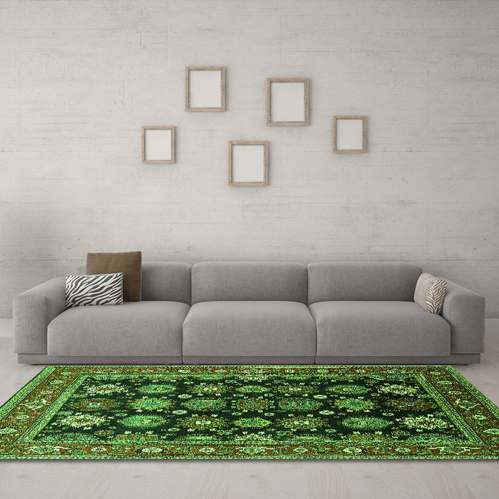 Machine Washable Oriental Green Industrial Area Rugs in a Living Room,, wshurb1954grn