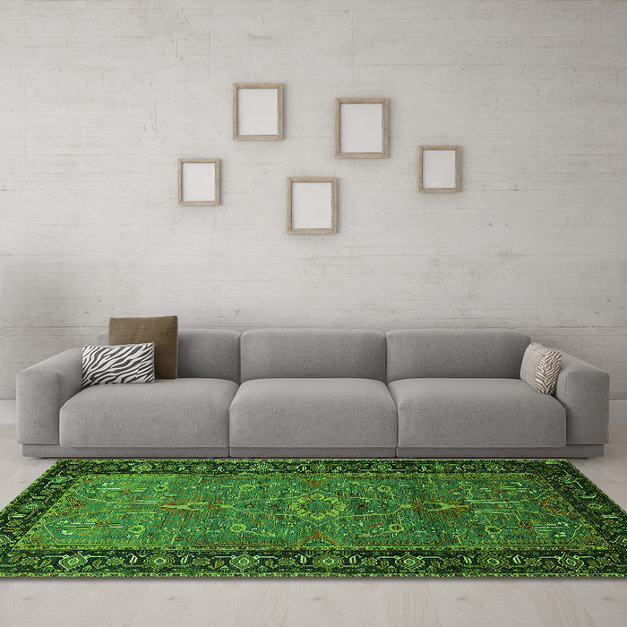 Machine Washable Oriental Green Industrial Area Rugs in a Living Room,, wshurb1955grn