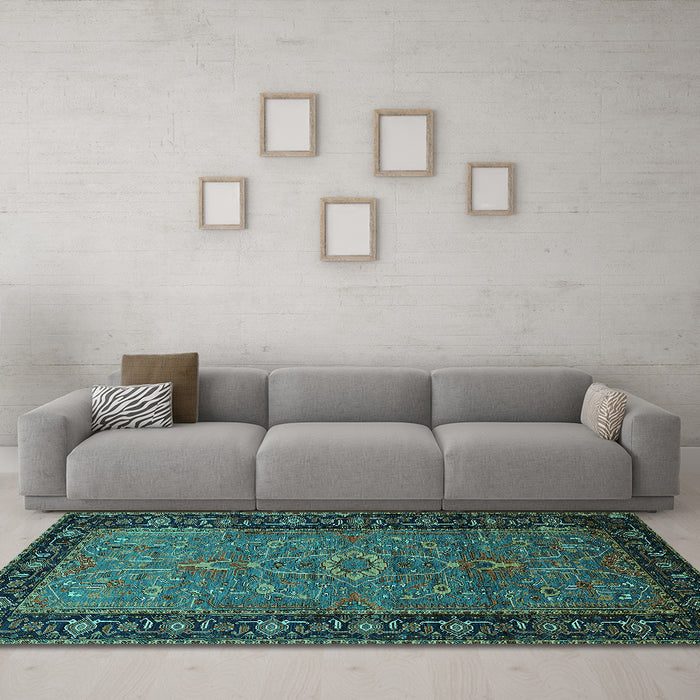 Machine Washable Oriental Turquoise Industrial Area Rugs in a Living Room,, wshurb1955turq